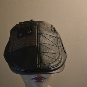 Leather Patchwork Flat Cap in Black and Dark Brown